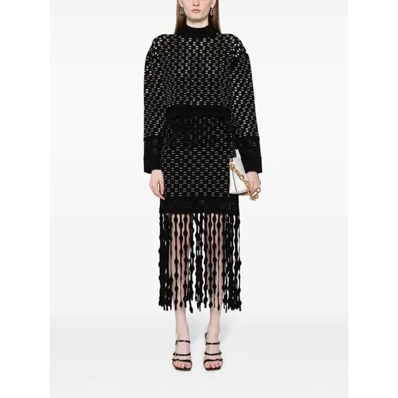 Jonathan Simkhai Filippa Lattice Fringed Skirt stretch black white size small S - Picture 4 of 10